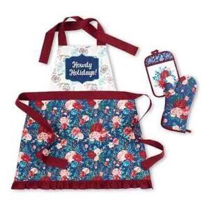 Pioneer Woman Howdy Holiday Kitchen Apron Potholder Mitt Set New